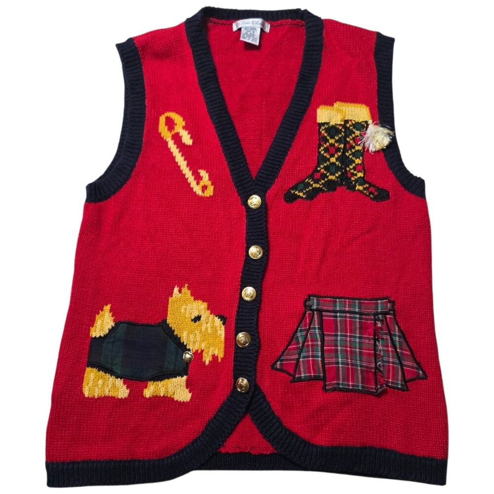 Robin Sinkler Woman M Red Navy Scottish Novelty Plaid Scotty Dog Vest Hong Kong